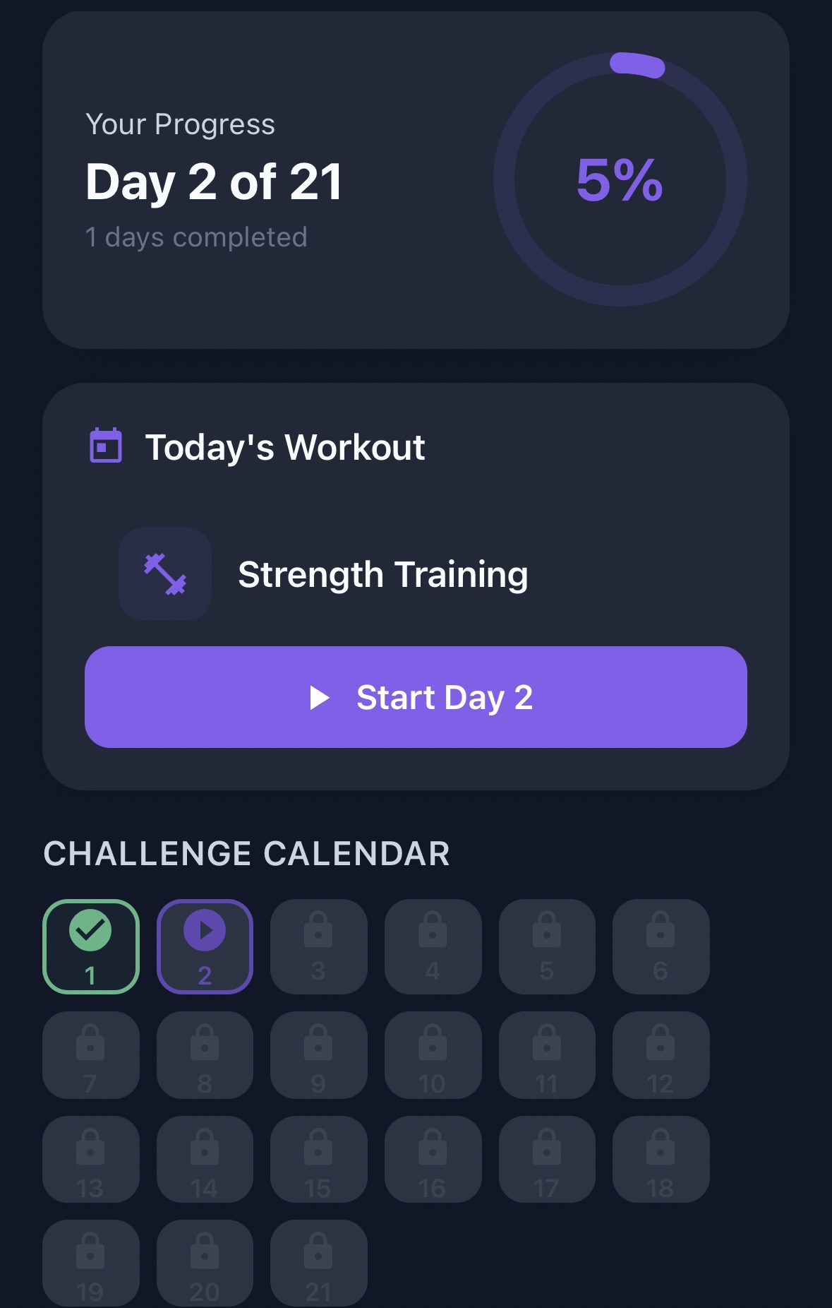 Wellness With Corli 21-Day Challenge progress screen showing daily task checklist and streak calendar