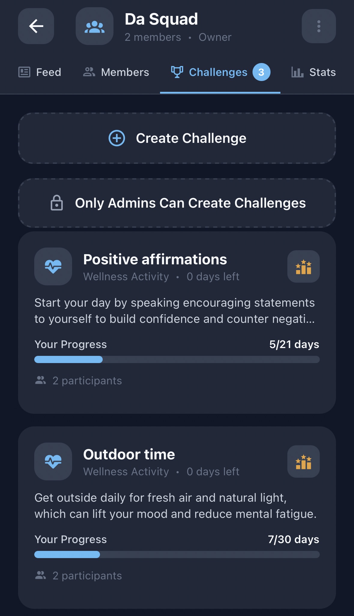 Wellness With Corli group challenge screen showing group feed, members, challenges, and stats tabs