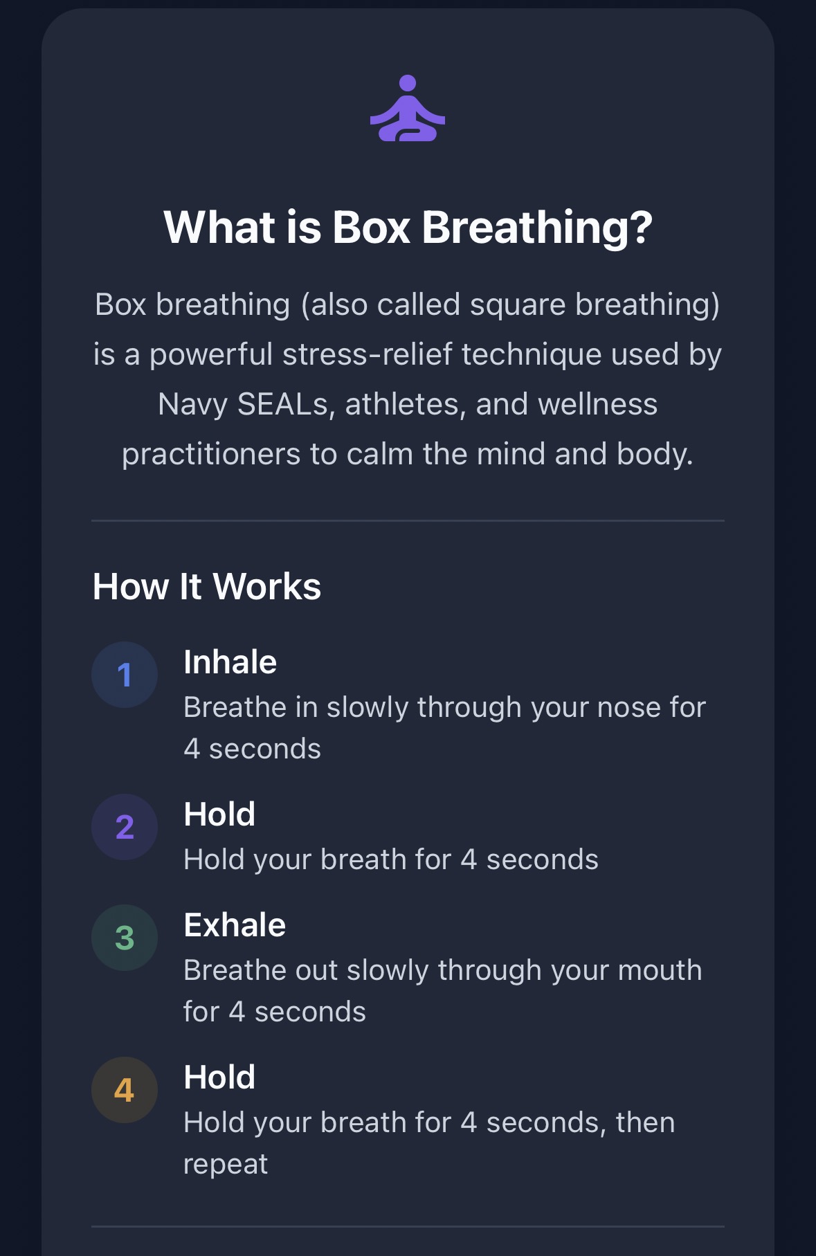 Wellness With Corli Box Breathing screen explaining the inhale, hold, exhale, hold breathing pattern