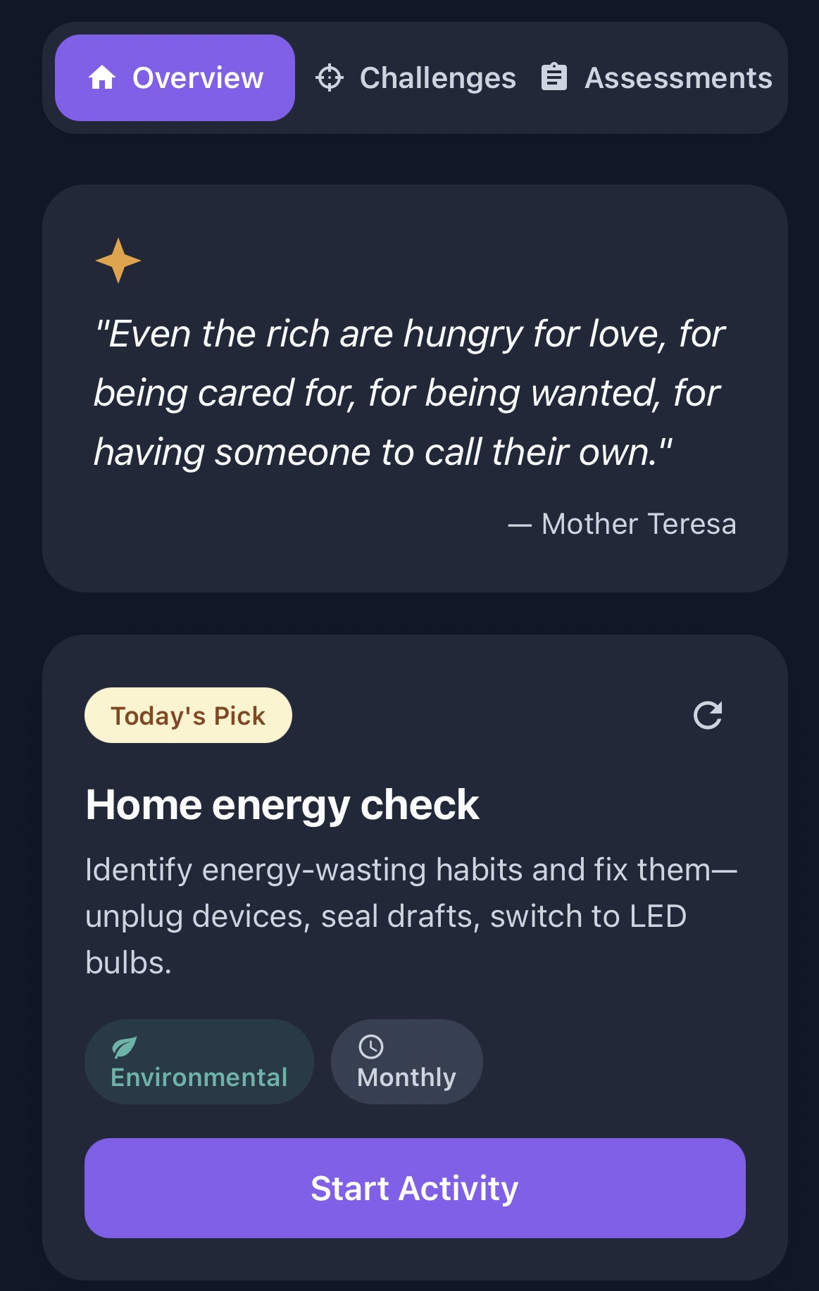 Wellness With Corli Overview screen showing a daily motivational quote and Today's Pick activity