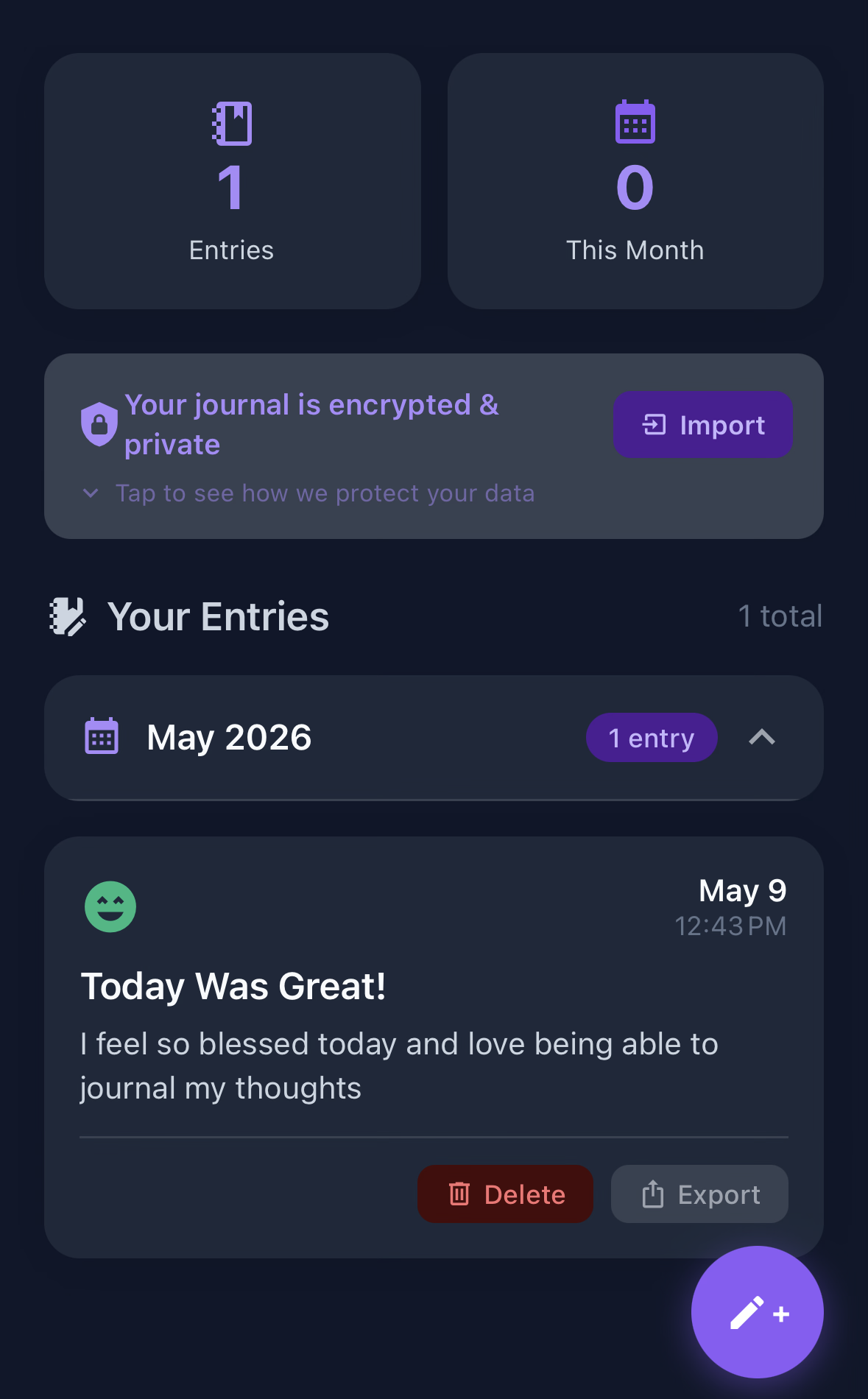Wellness With Corli journal screen showing an encrypted, private journal entry