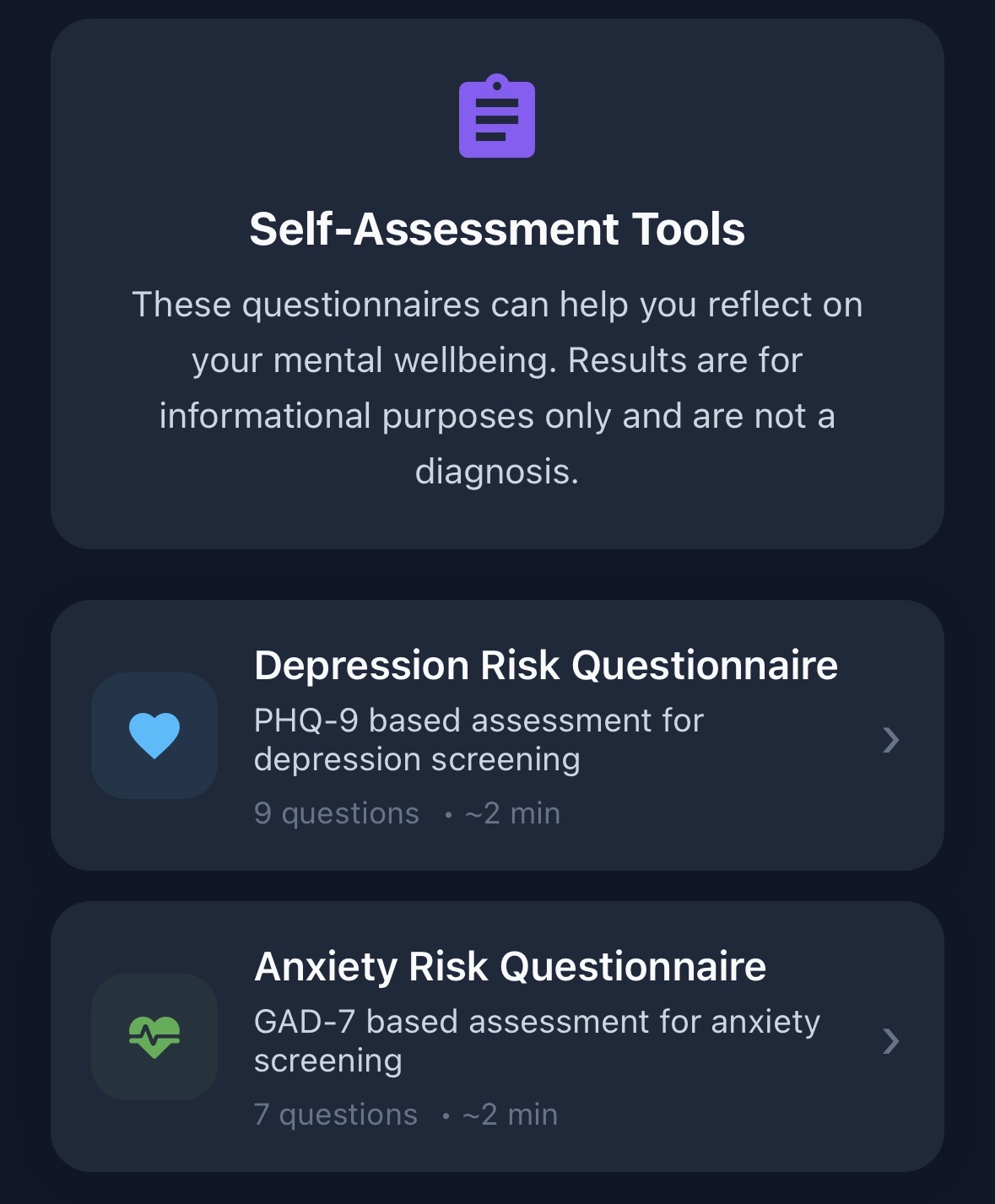 Wellness With Corli self-assessment tools screen showing the Depression Risk Questionnaire (PHQ-9) and Anxiety Risk Questionnaire (GAD-7)