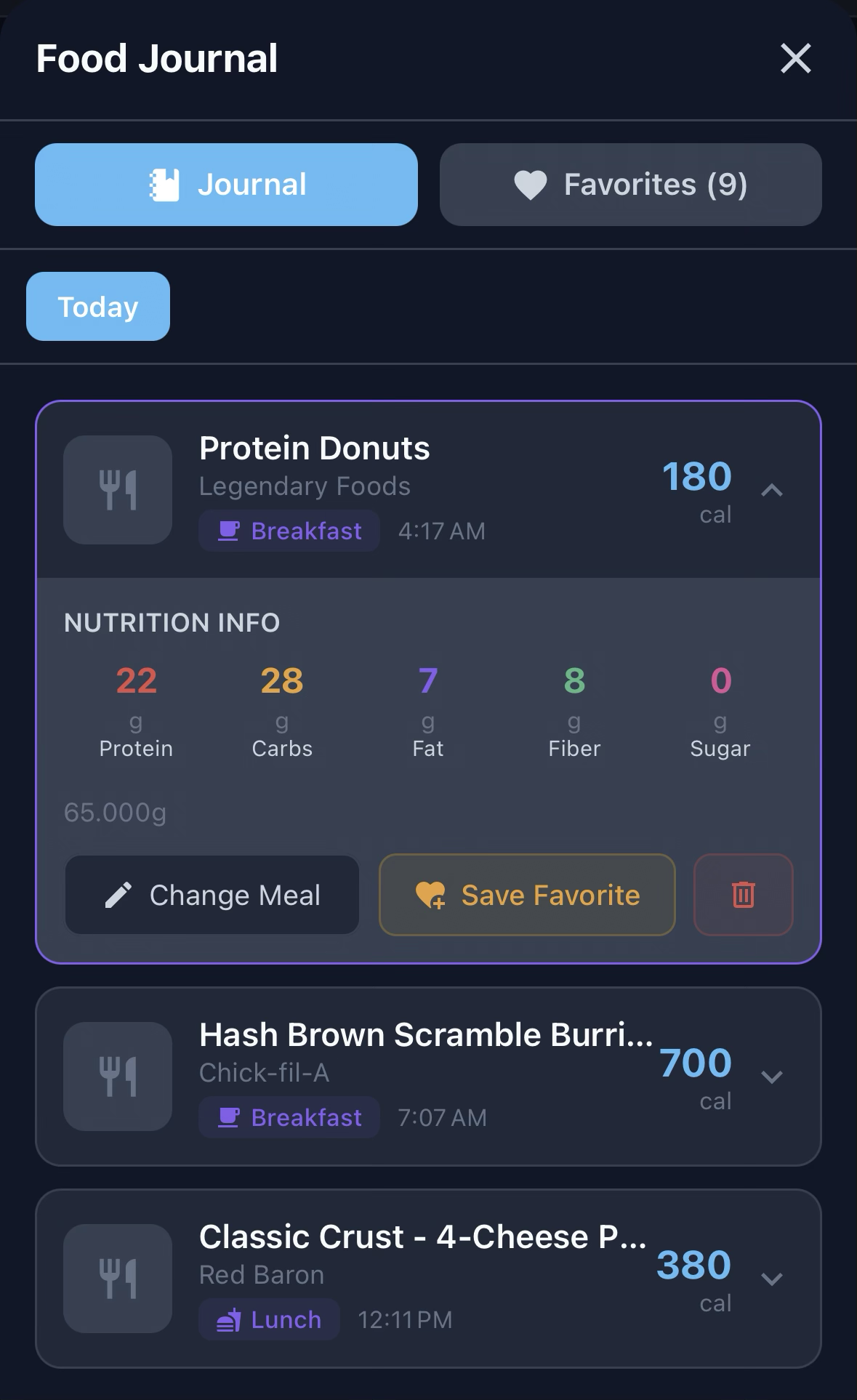 Wellness With Corli food journal showing logged meals with nutrition info for protein, carbs, fat, fiber, and sugar