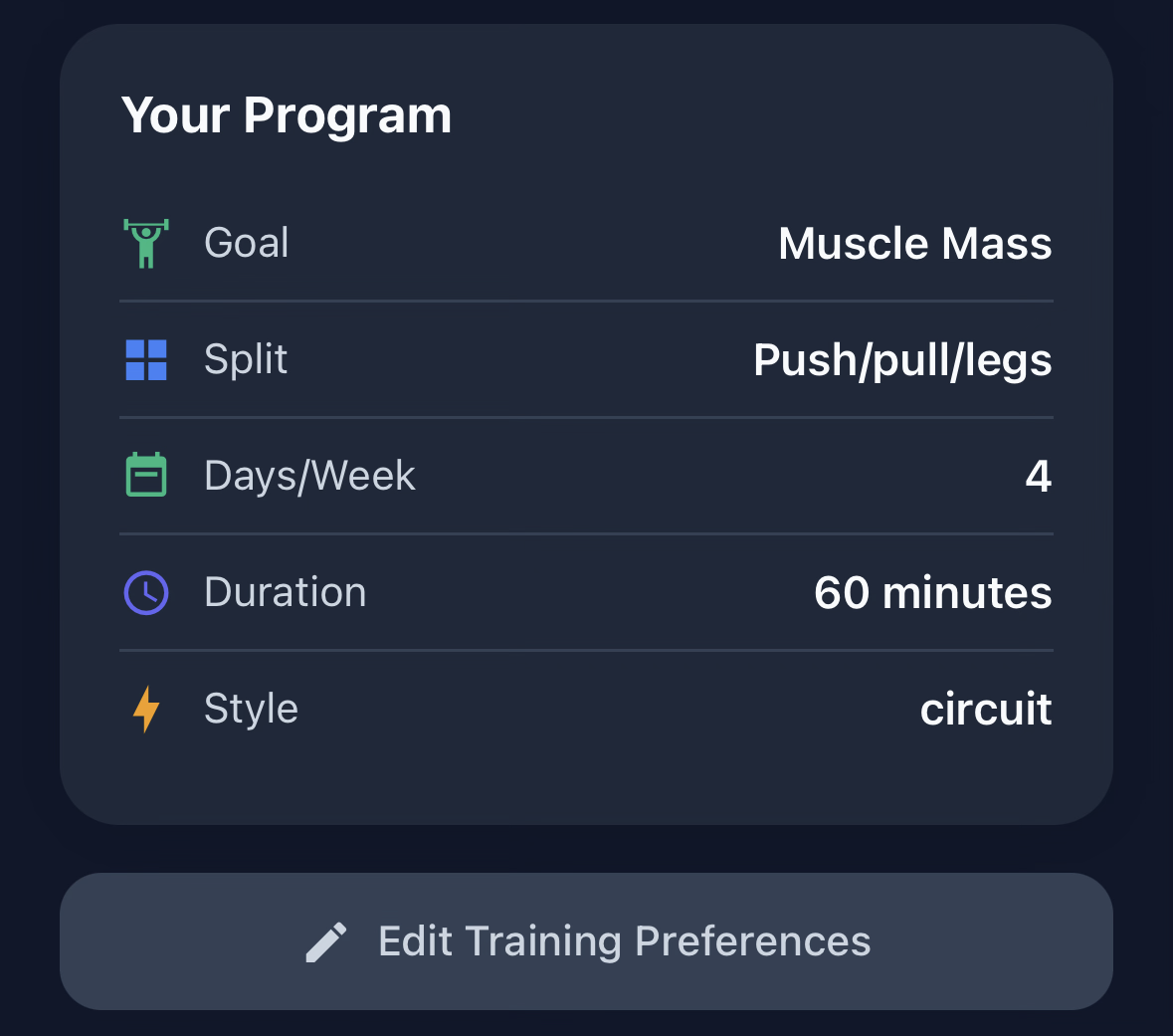 Wellness With Corli program settings screen showing goal, split, days per week, duration, and style