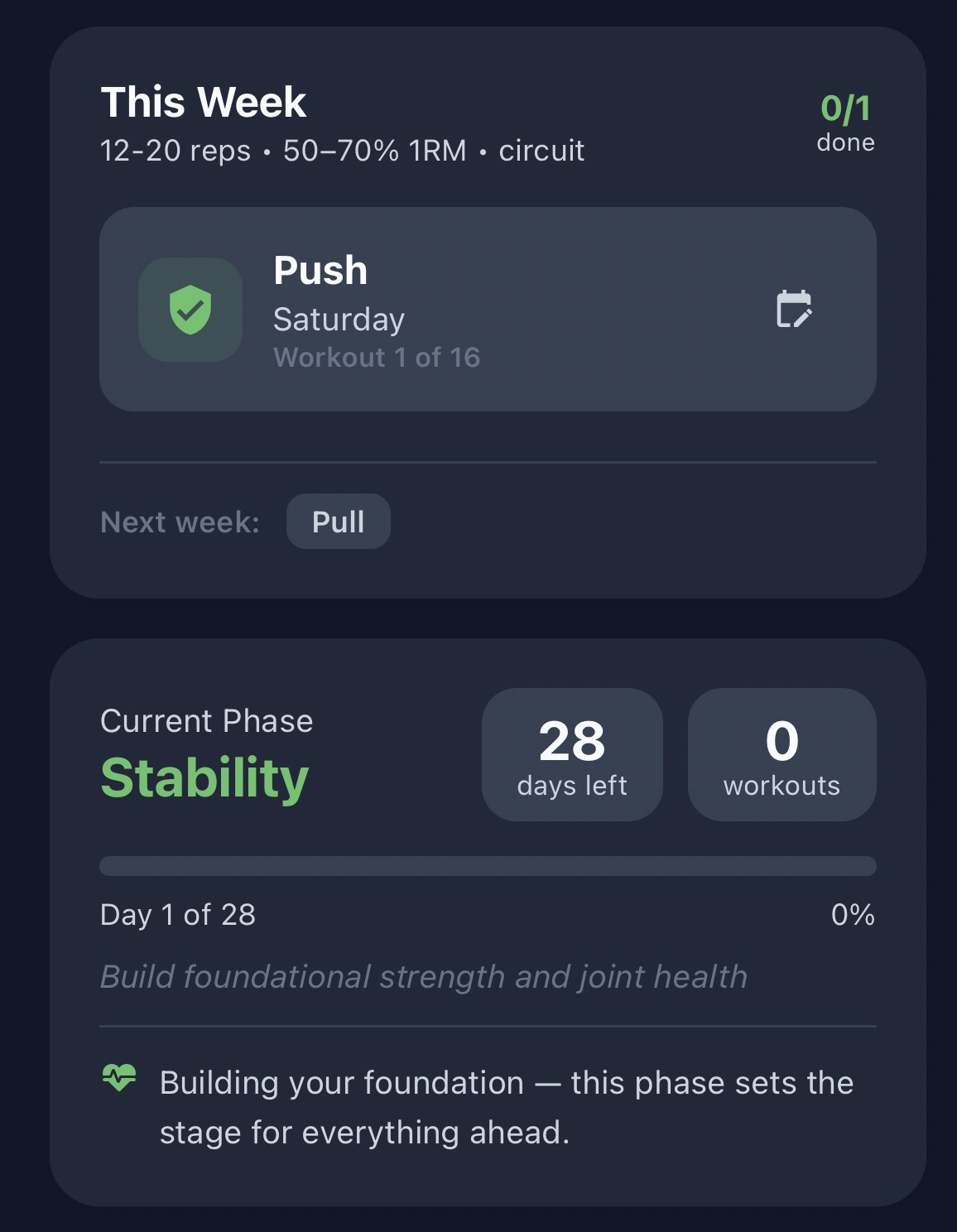 Wellness With Corli This Week screen showing the current workout day and training phase