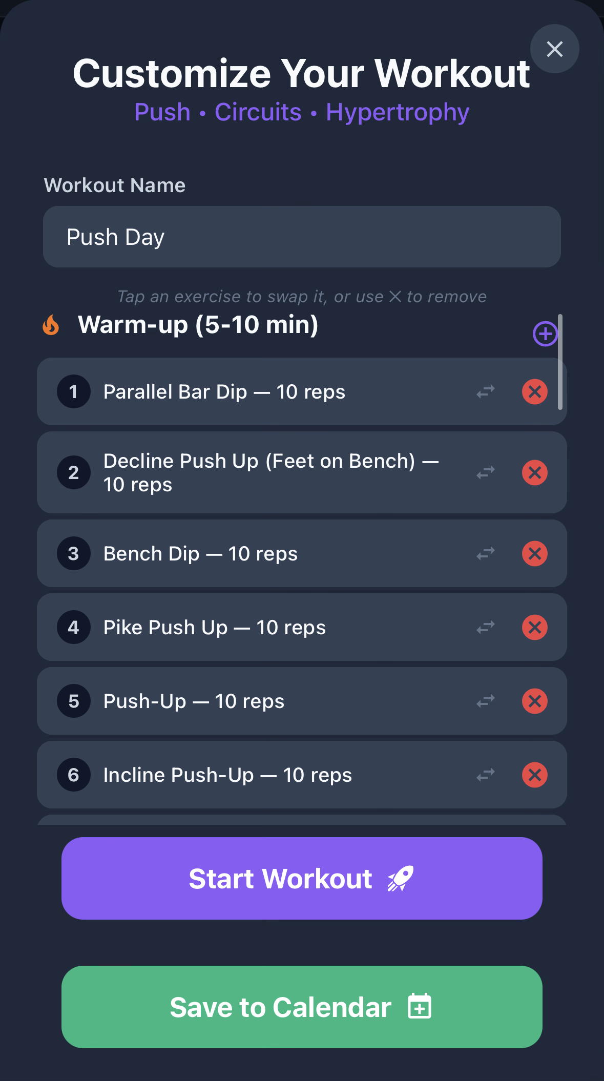 Wellness With Corli auto-generated workout screen showing a Push day circuit-style hypertrophy session