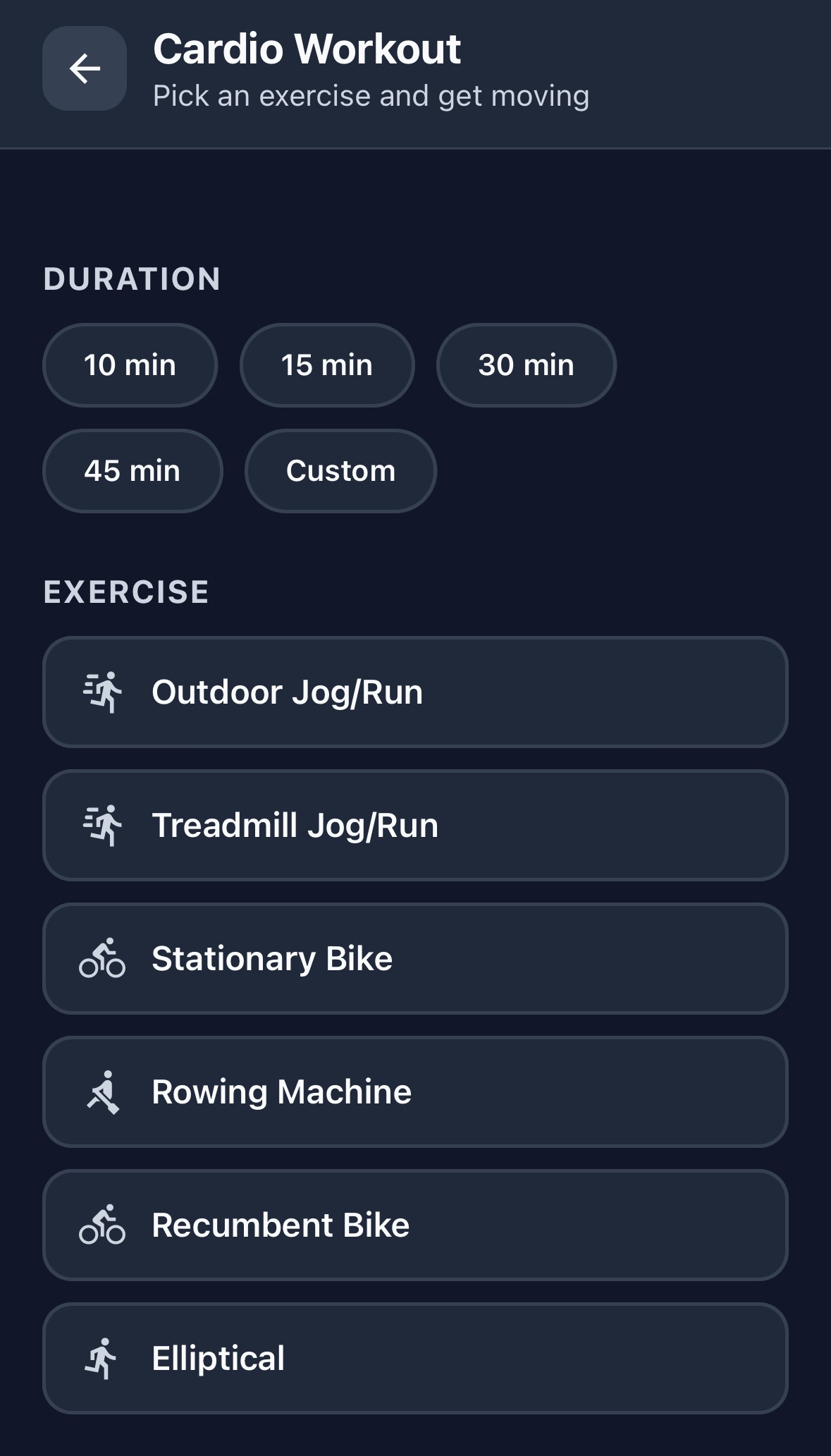 Wellness With Corli cardio workout screen showing duration options and exercise types