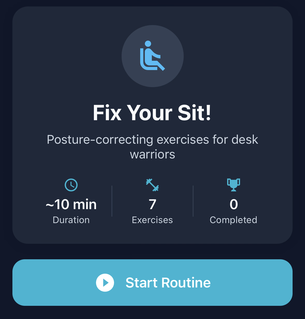 Wellness With Corli Fix Your Sit! screen showing posture-correcting stretches for desk workers