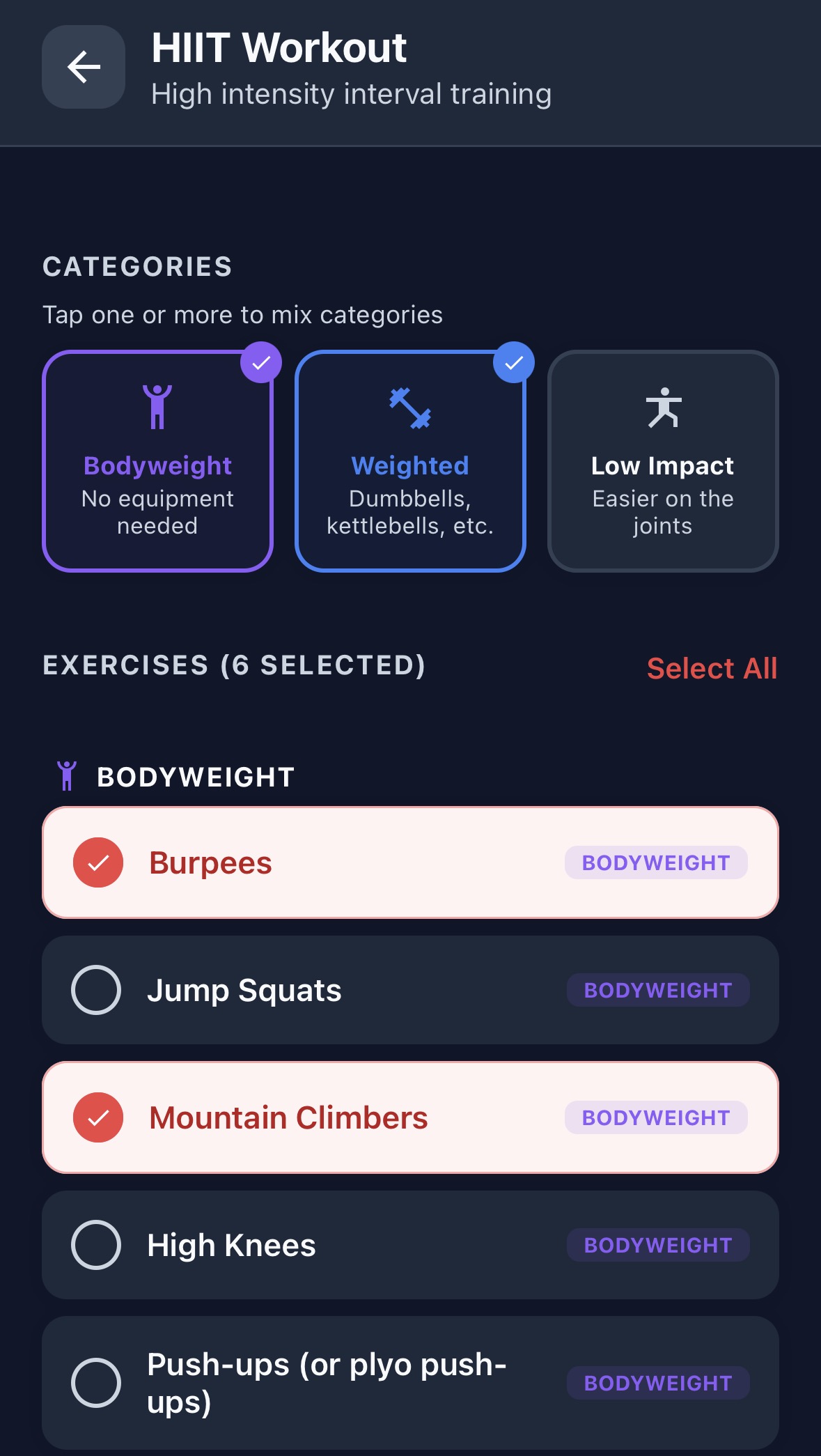 Wellness With Corli HIIT workout screen showing bodyweight and weighted exercise categories