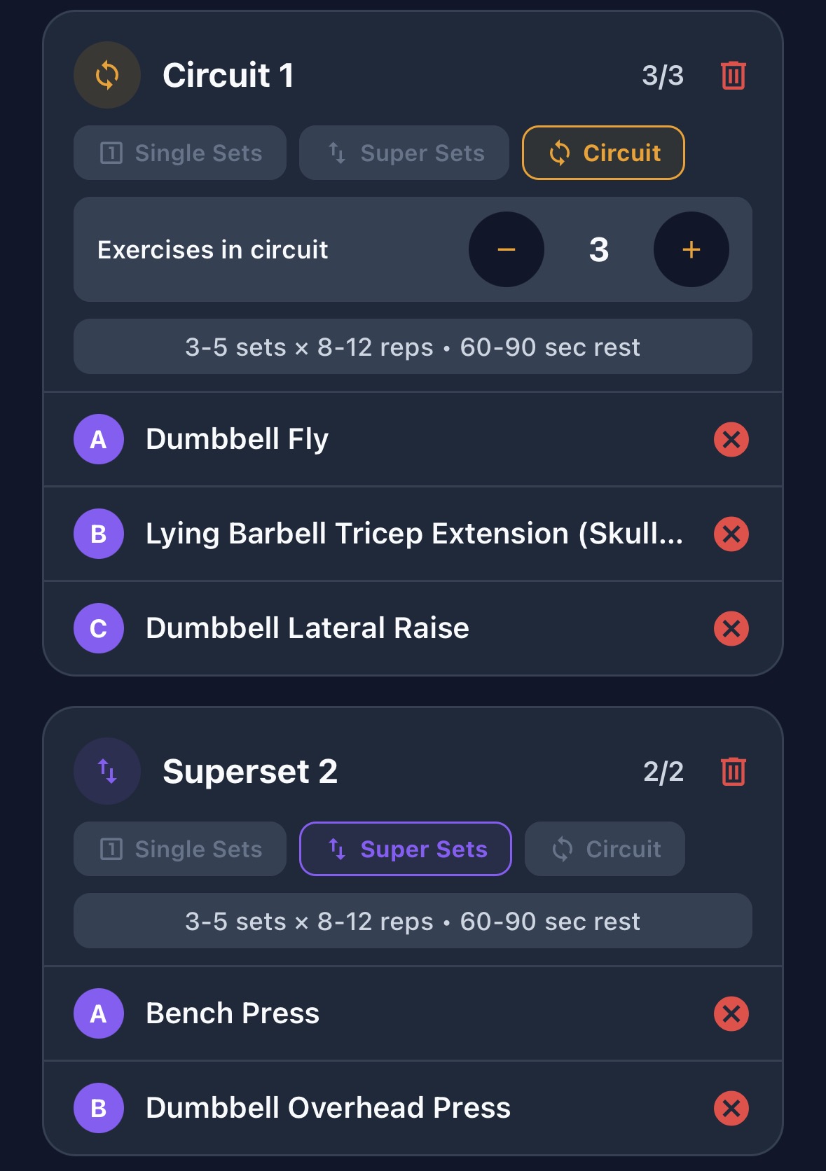 Wellness With Corli manual workout builder showing circuit and superset exercise groupings