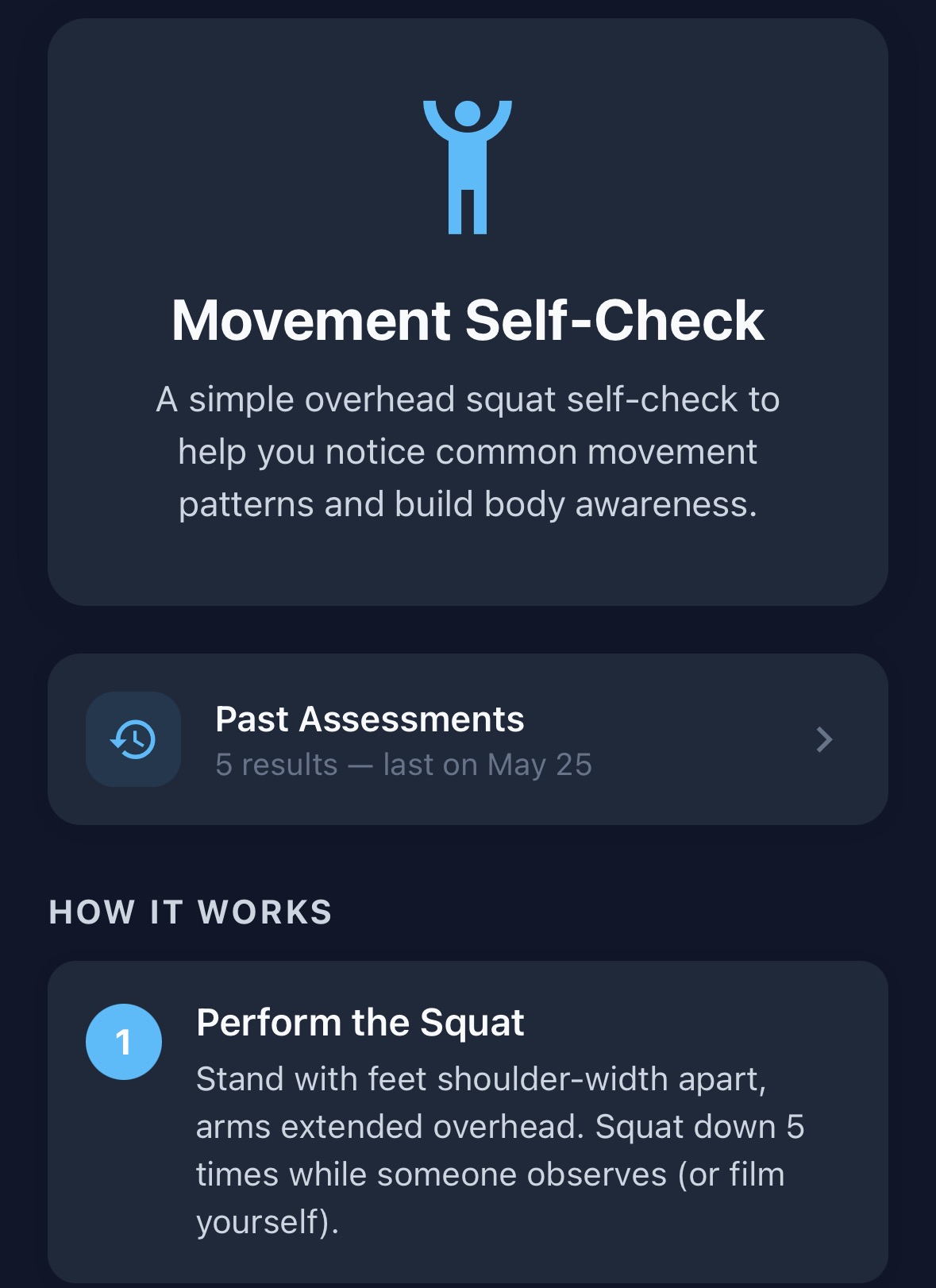 Wellness With Corli Movement Self-Check screen showing the overhead squat self-assessment