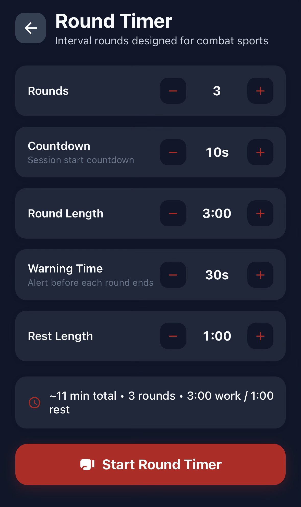 Wellness With Corli round timer screen showing configurable rounds, work time, and rest time